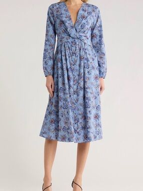 Blue Floral V-Neck Long Sleeve Midi Dress